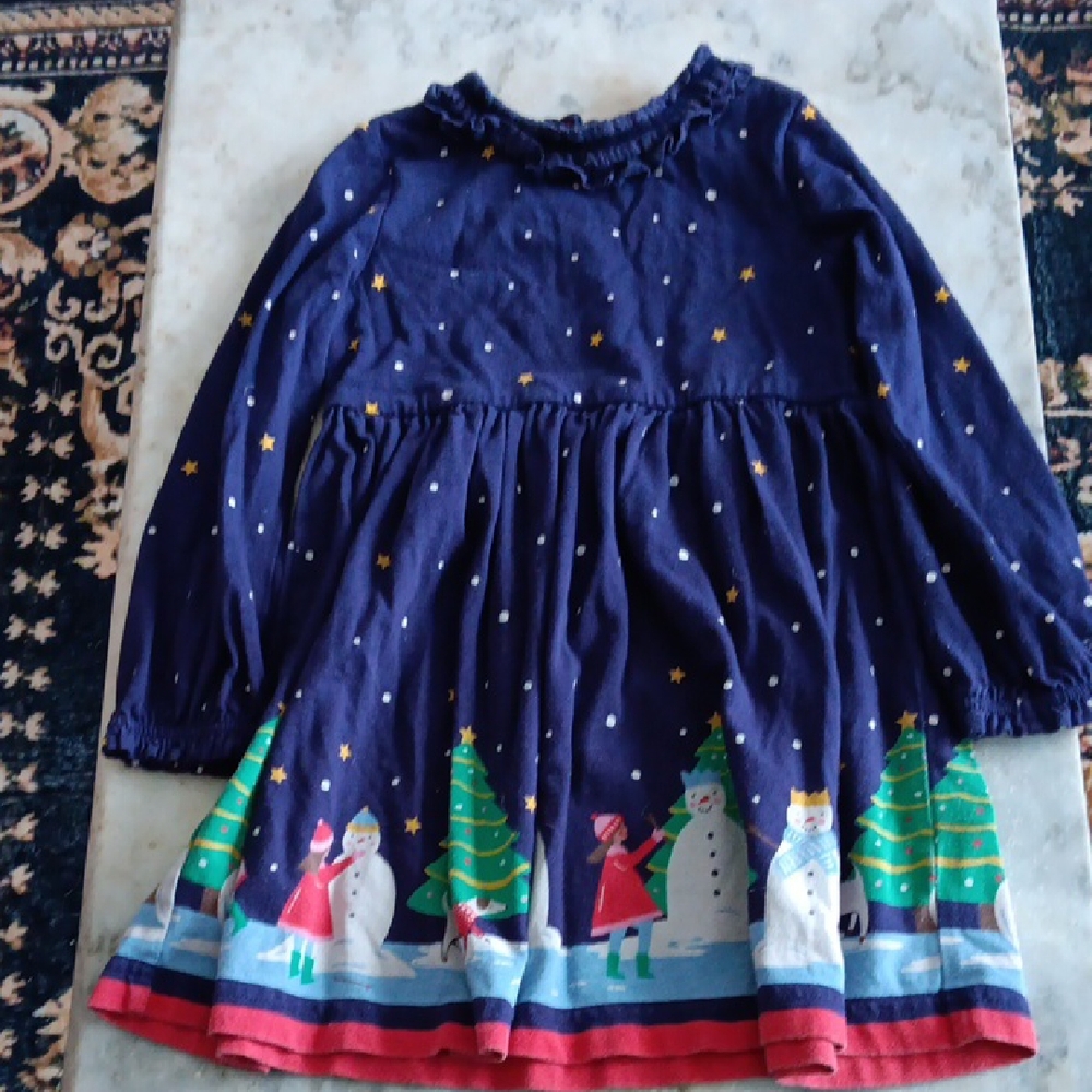 Mini Boden Navy Holiday Snowman & Trees Long Sleeve Dress